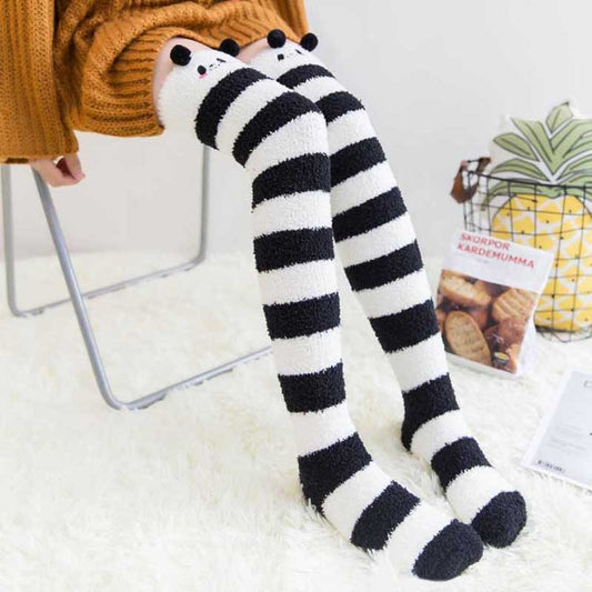 Soft Coral Fleece Knee Socks Winter Warm Girls Women Cute Cartoon Animal Stockings Striped Cozy Long Thigh High Socks Christmas