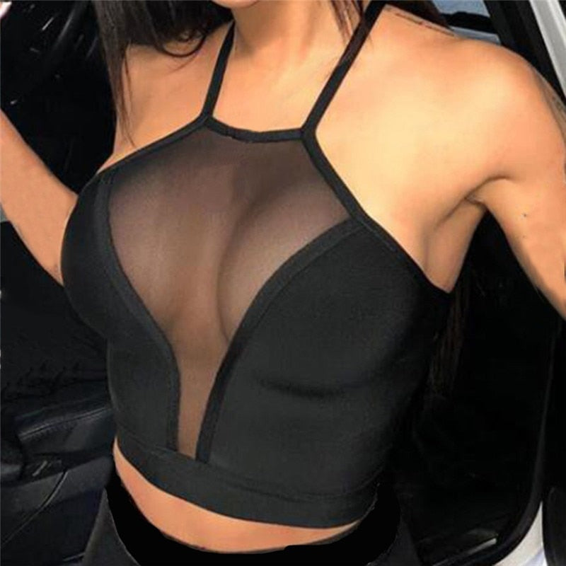 Women Fashion Sleeveless Vest Tank Tops Ladies Sexy Hollow Perspective Tank Crop Tops Net Yarn Splicing Black Sexy Tank Tops